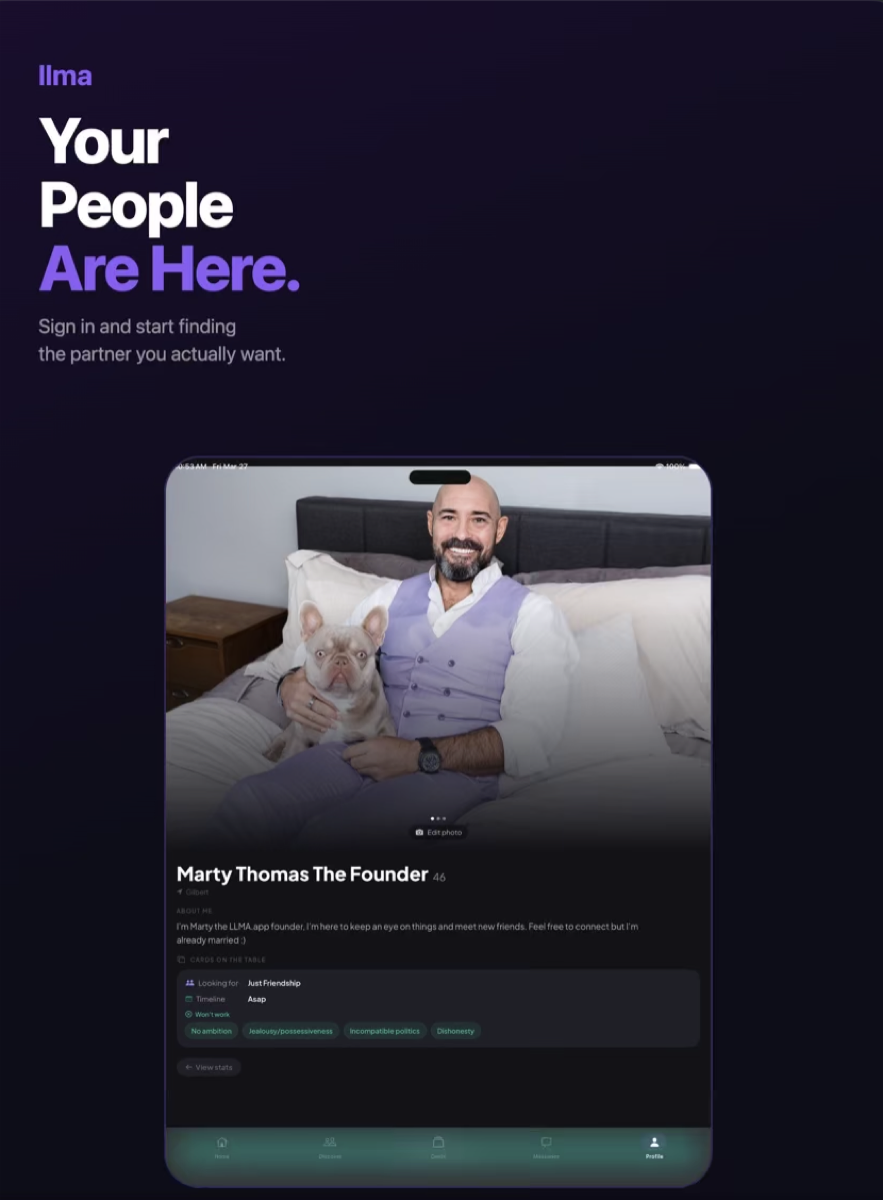 LLMA app — match discovery screen